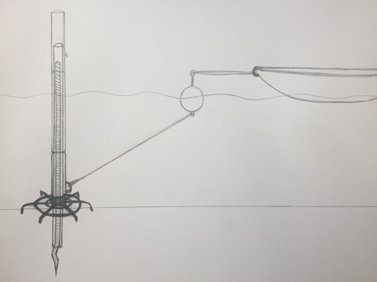 Teckning av Tubus med stödring, förankringsfäste, distansrör och topplåsning. Bilden visar idé om kättingfri bojförtöjning.